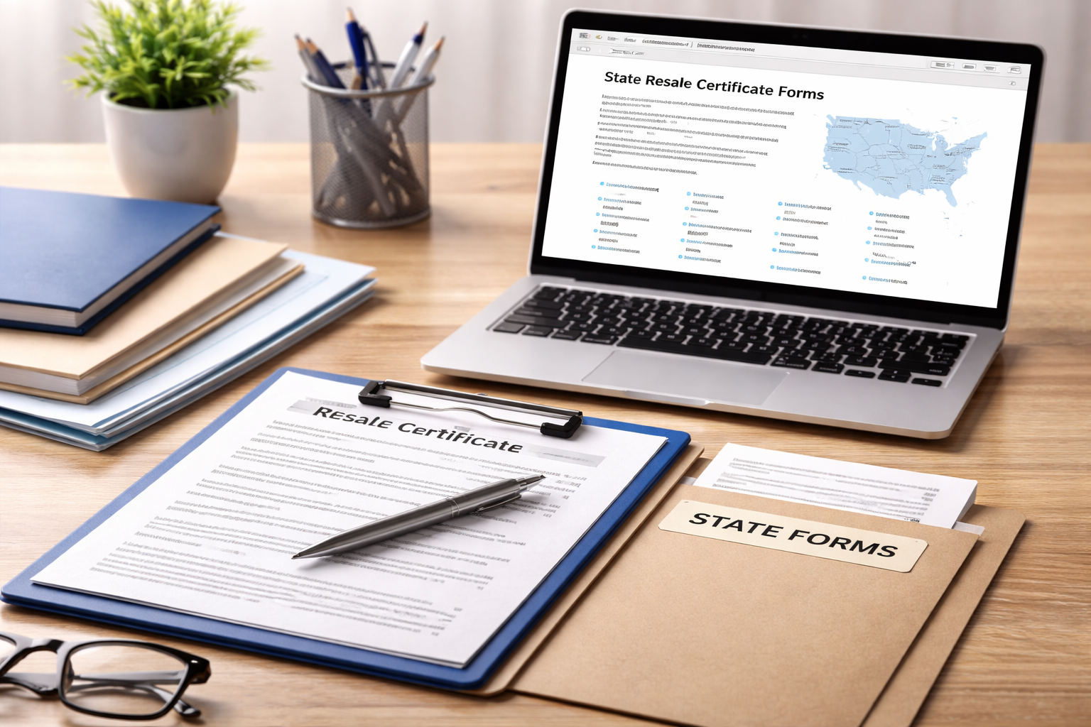 Resale certificate forms and state tax documentation used by businesses to purchase inventory tax-exempt for resale. Resale certificate forms and state resale tax documents on a desk with laptop showing a state resale certificate directory