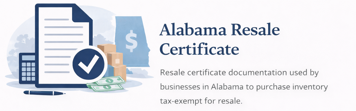 Resale certificate documentation used by businesses in Alabama to purchase inventory tax-exempt for resale. Alabama resale certificate documentation and tax-exempt resale guidance